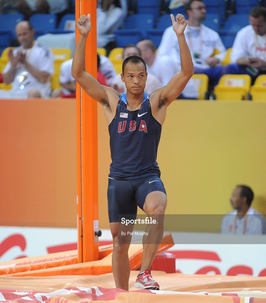 13 March 2010; Bryan Clay, USA, celebrates during the High Jump of the Men's Heptathlon at the 13th IAAF World Indoor Athletics Championships, Doha, Qatar. Picture credit: Pat Murphy / SPORTSFILE