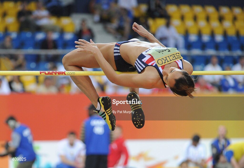 13 March 2010; Jessica Ennis, Great Britain, on her way to winning the high jump event during the Women's Pentathlon at the 13th IAAF World Indoor Athletics Championships, Doha, Qatar. Picture credit: Pat Murphy / SPORTSFILE
