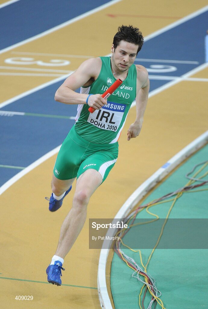 13 March 2010; Ireland's Brian Greegan in action during the Men's 4x400m Relay heats. The Ireland team finished in 6th place in their heat at the 13th IAAF World Indoor Athletics Championships, Doha, Qatar. Picture credit: Pat Murphy / SPORTSFILE