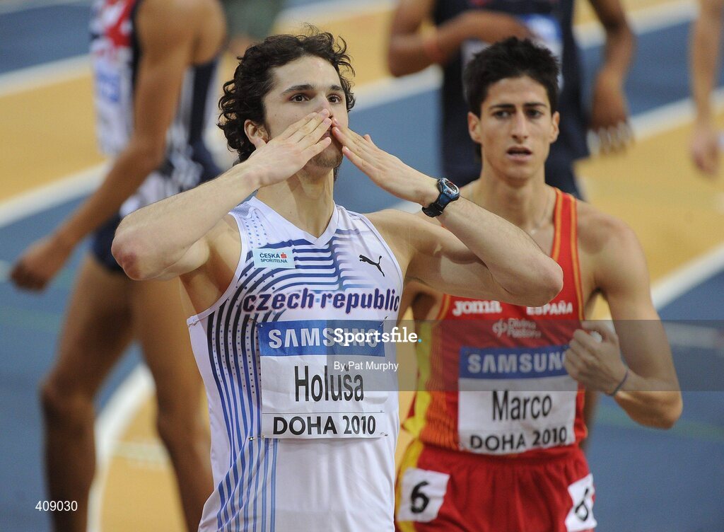 13 March 2010; Jakub Holuša, Czech Republic, celebrates after finishing in second place behind Spain's Luis Alberto Marco, right, during the Men's 800m semi-final at the 13th IAAF World Indoor Athletics Championships, Doha, Qatar. Picture credit: Pat Murphy / SPORTSFILE