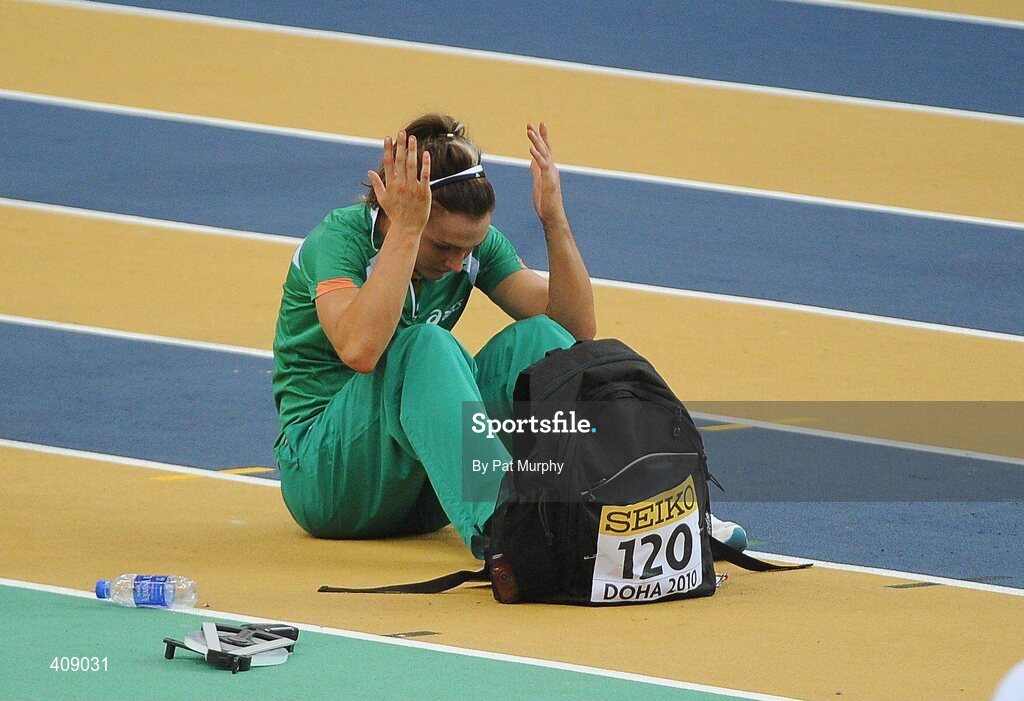 13 March 2010; Ireland's Kelly Proper shows her disappointment after failing to qualify for the the Women's Long Jump final at the 13th IAAF World Indoor Athletics Championships, Doha, Qatar. Picture credit: Pat Murphy / SPORTSFILE