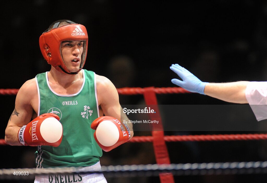 12 March 2010; John Joe Nevin, Ireland, in action against Vittorio Parrinello, Italy, during their 54kg bout. Elite International, National Stadium, Dublin. Picture credit: Stephen McCarthy / SPORTSFILE
