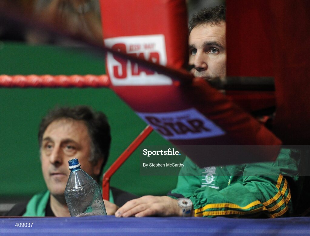 12 March 2010; Ireland coach Billy Walsh, right, and technical coach Zaur Antia watches on during one of the evening's contests. Elite International, National Stadium, Dublin. Picture credit: Stephen McCarthy / SPORTSFILE