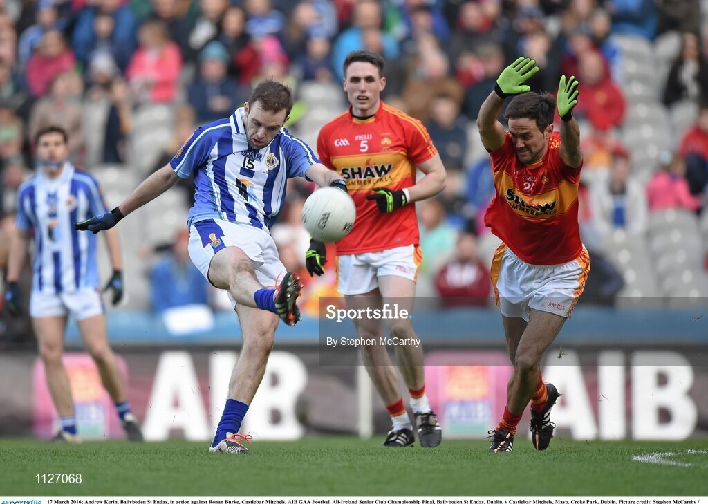 17 March 2016; Andrew Kerin, Ballyboden St Endas, in action against Ronan Burke, Castlebar Mitchels. AIB GAA Football All-Ireland Senior Club Championship Final, Ballyboden St Endas, Dublin, v Castlebar Mitchels, Mayo. Croke Park, Dublin. Picture credit: Stephen McCarthy / SPORTSFILE