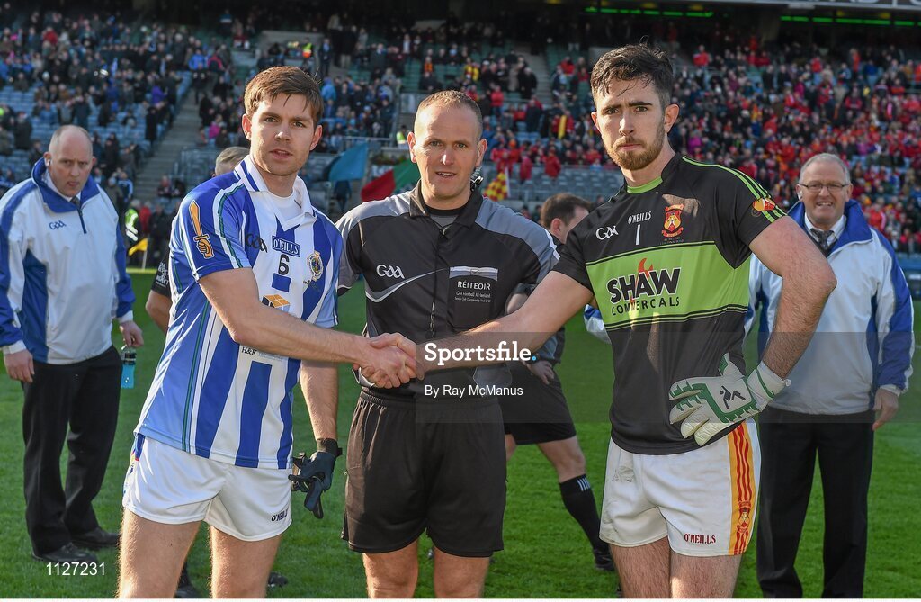17 March 2016; Referee Conor Lane with the two captains Darragh Nelson, Ballyboden St Endas, and Rory Byrne, Castlebar Mitchels, before the game. AIB GAA Football All-Ireland Senior Club Championship Final, Ballyboden St Endas, Dublin, v Castlebar Mitchels, Mayo. Croke Park, Dublin. Picture credit: Ray McManus / SPORTSFILE