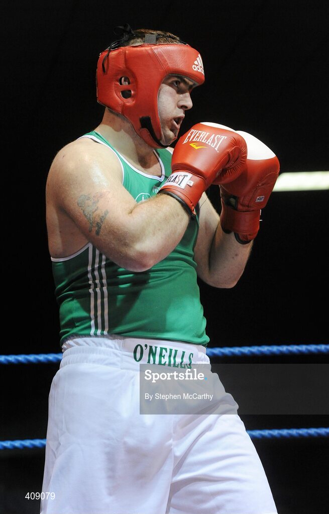 12 March 2010; David Joyce, Ireland, in action against Roberto Cammerelle, Italy, during their 91+kg bout. Elite International, National Stadium, Dublin. Picture credit: Stephen McCarthy / SPORTSFILE