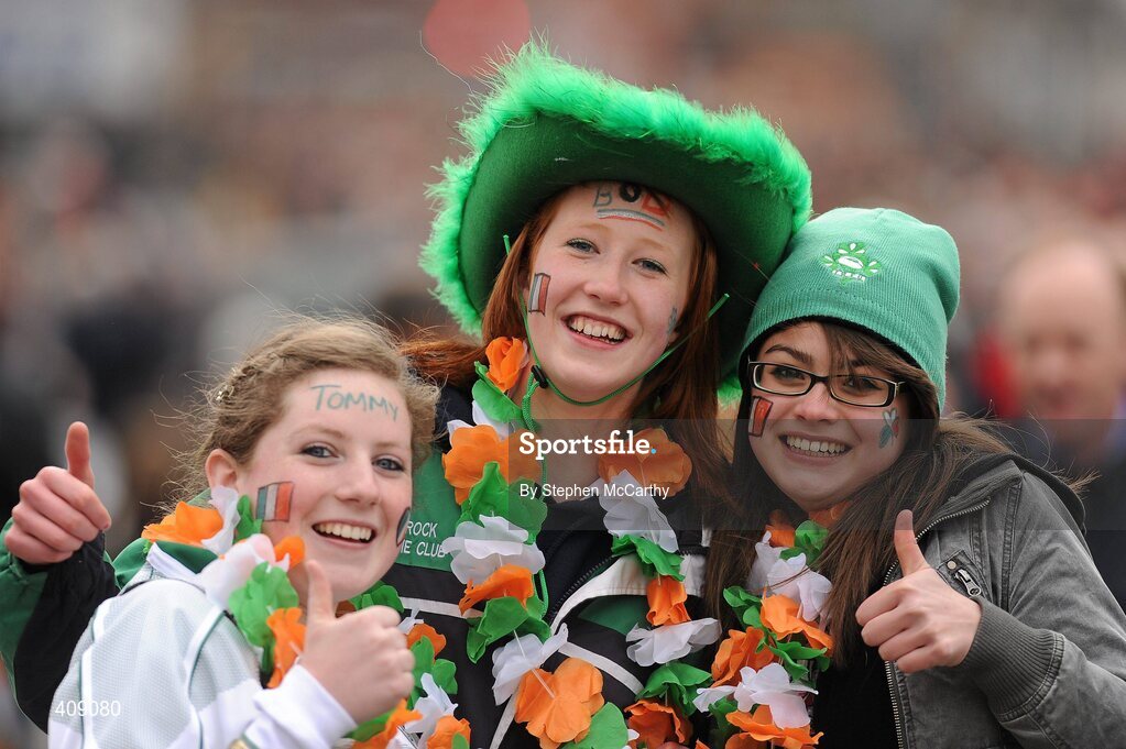 13 March 2010; Ireland supporters Ailbhe O'Toole, Ailis Loughnane and Natasha Kumagai, from Loughrea, Co. Galway, make their way to the game. RBS Six Nations Rugby Championship, Ireland v Wales, Croke Park, Dublin. Picture credit: Stephen McCarthy / SPORTSFILE
