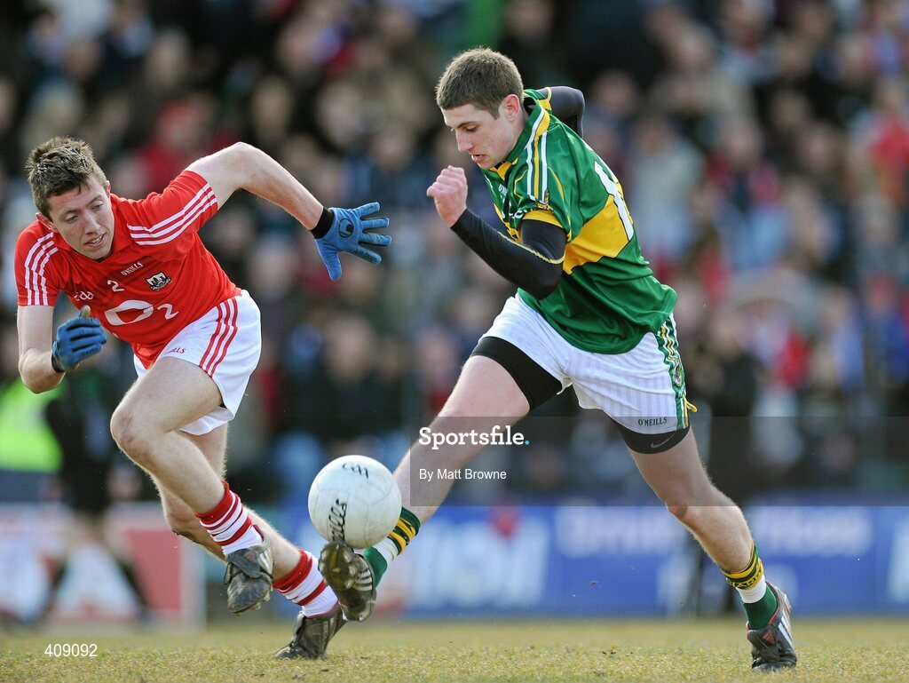 13 March 2010; Paul Geaney, Kerry, in action against Rory O'Sullivan, Cork. Cadbury Munster GAA Football Under 21 Quarter-Final, Kerry v Cork, Austin Stack Park, Tralee, Co. Kerry. Picture credit: Matt Browne / SPORTSFILE