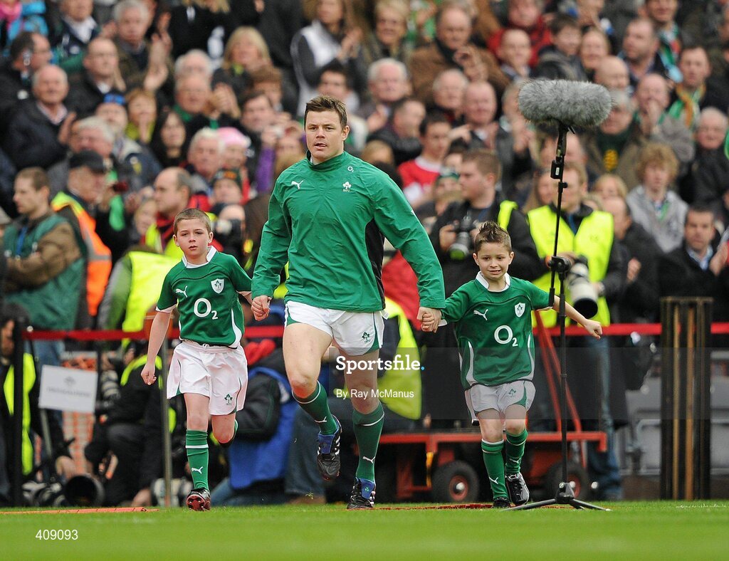 13 March 2010; Ireland captain Brian O'Driscoll runs on to the pitch with the team mascots. RBS Six Nations Rugby Championship, Ireland v Wales, Croke Park, Dublin. Picture credit: Ray McManus / SPORTSFILE