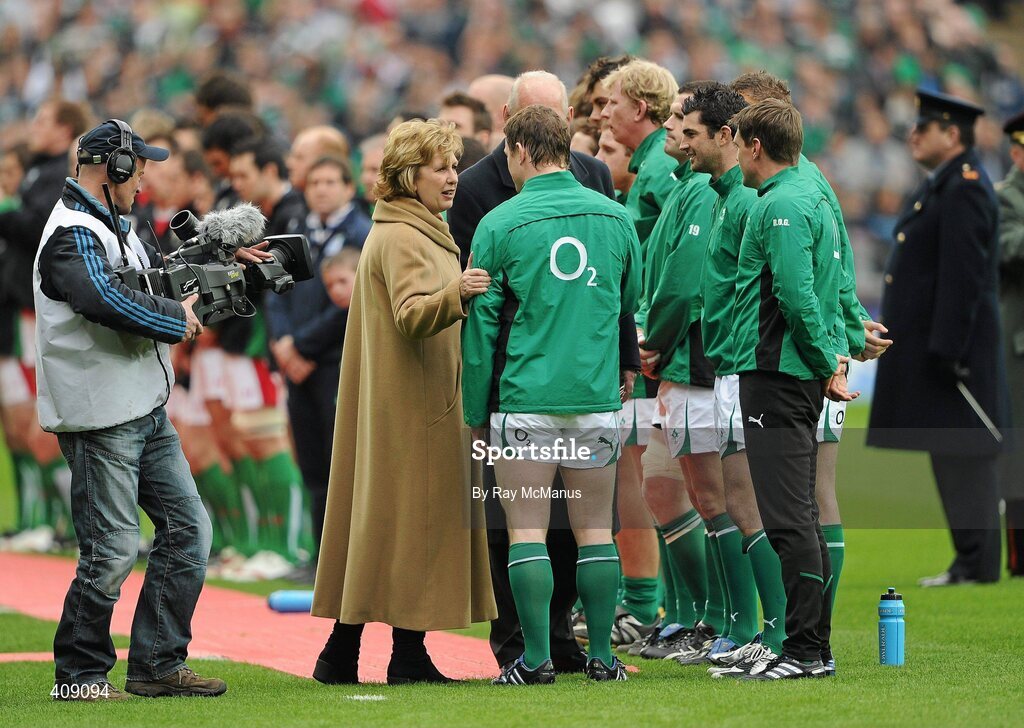 13 March 2010; Ireland captain Brian O'Driscoll in conversation with President Mary McAleese before the game. RBS Six Nations Rugby Championship, Ireland v Wales, Croke Park, Dublin. Picture credit: Ray McManus / SPORTSFILE