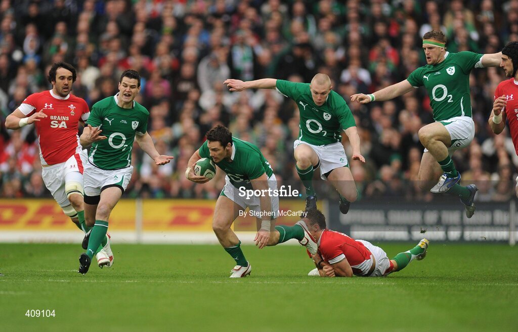 13 March 2010; David Walace, Ireland, supported  by Jonathan Sexton, Keith Earls and Jamie Heaslip is tackled by Richard Rees, Wales. RBS Six Nations Rugby Championship, Ireland v Wales, Croke Park, Dublin. Picture credit: Stephen McCarthy / SPORTSFILE