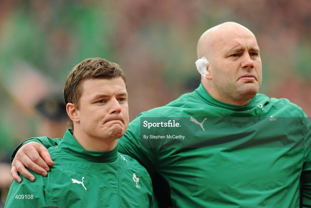 13 March 2010; Ireland captain Brian O'Driscoll, earning his 100th cap, left, and John Hayes, earning a record 101st cap, during the national anthem. RBS Six Nations Rugby Championship, Ireland v Wales, Croke Park, Dublin. Picture credit: Stephen McCarthy / SPORTSFILE