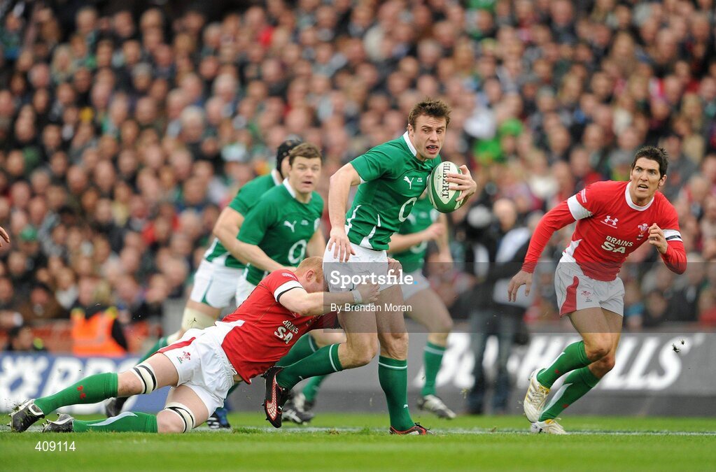 13 March 2010; Tommy Bowe, Ireland, is tackled by Martyn Williams, Wales. RBS Six Nations Rugby Championship, Ireland v Wales, Croke Park, Dublin. Picture credit: Brendan Moran / SPORTSFILE