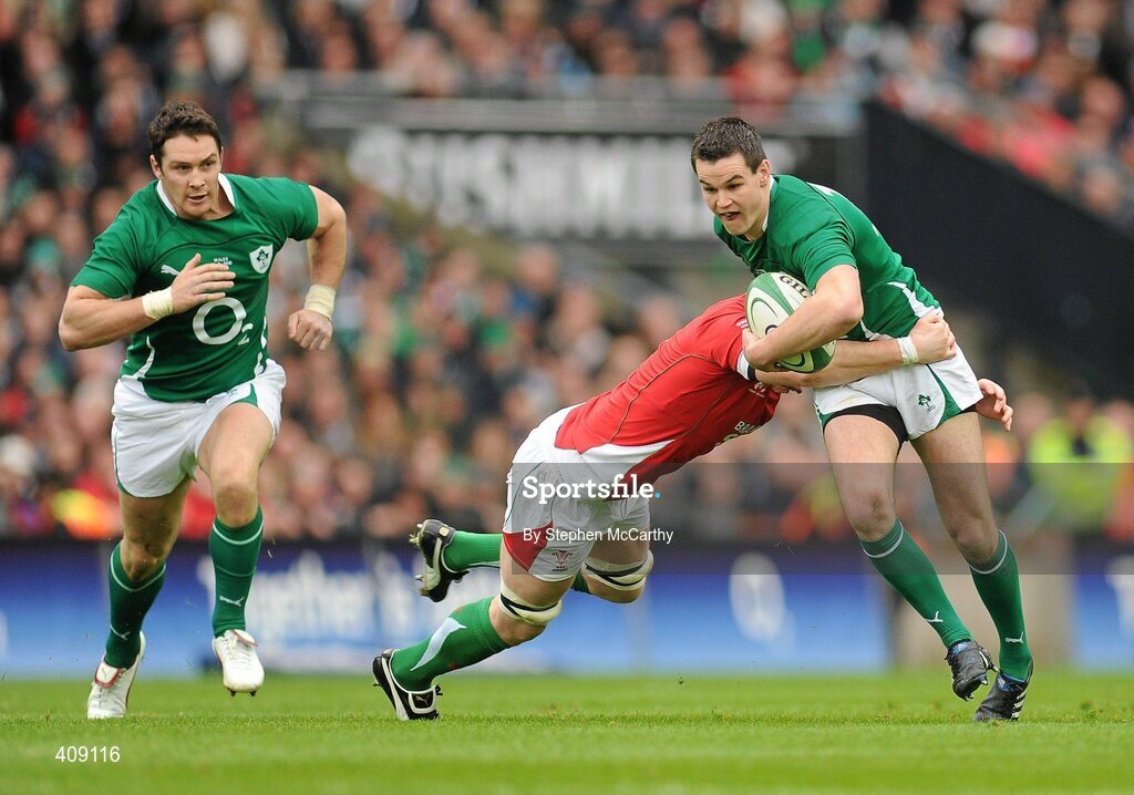 13 March 2010; Jonathan Sexton, Ireland, supported by David Wallace, left, in action against Martyn Williams, Wales. RBS Six Nations Rugby Championship, Ireland v Wales, Croke Park, Dublin. Picture credit: Stephen McCarthy / SPORTSFILE