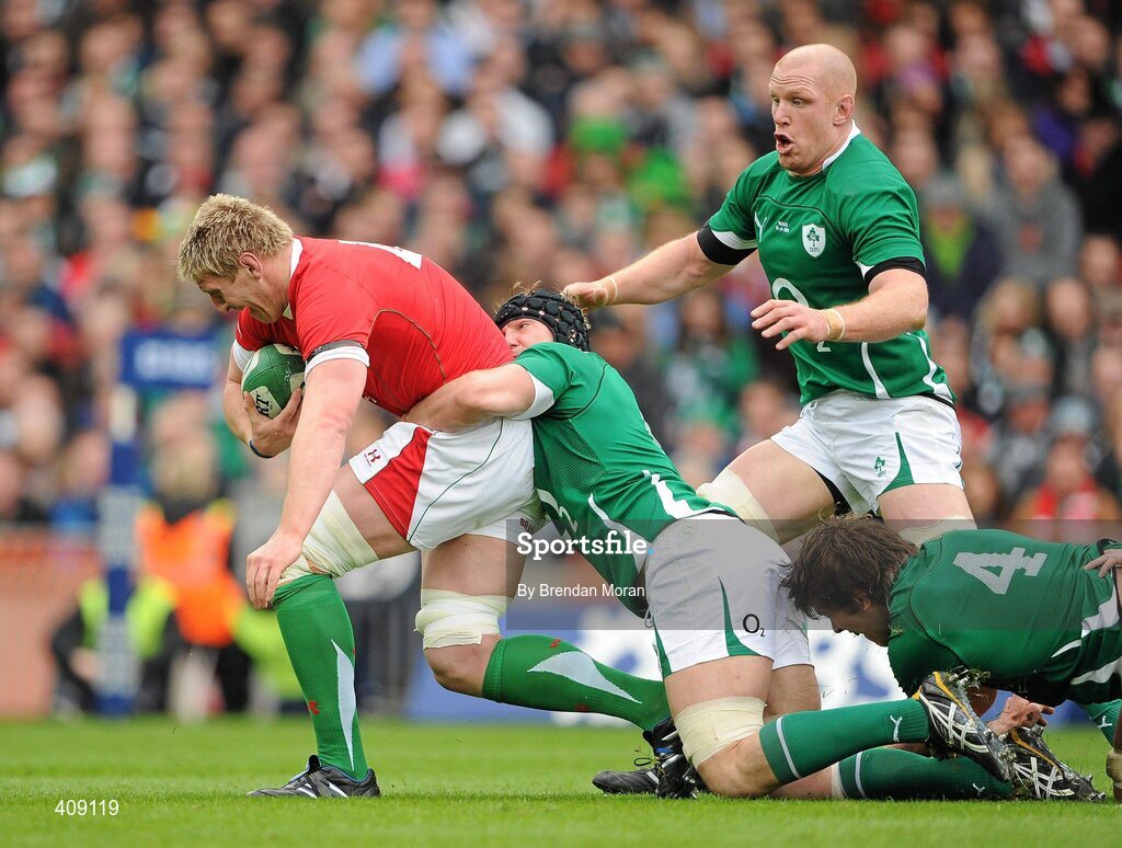 13 March 2010; Bradley Davies, Wales, is tackled by Stephen Ferris, Ireland. RBS Six Nations Rugby Championship, Ireland v Wales, Croke Park, Dublin. Picture credit: Brendan Moran / SPORTSFILE