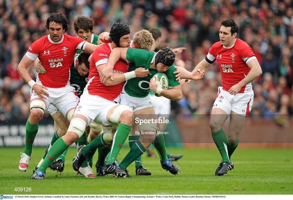 13 March 2010; Stephen Ferris, Ireland, is tackled by Luke Charteris, left, and Bradley Davies, Wales. RBS Six Nations Rugby Championship, Ireland v Wales, Croke Park, Dublin. Picture credit: Brendan Moran / SPORTSFILE