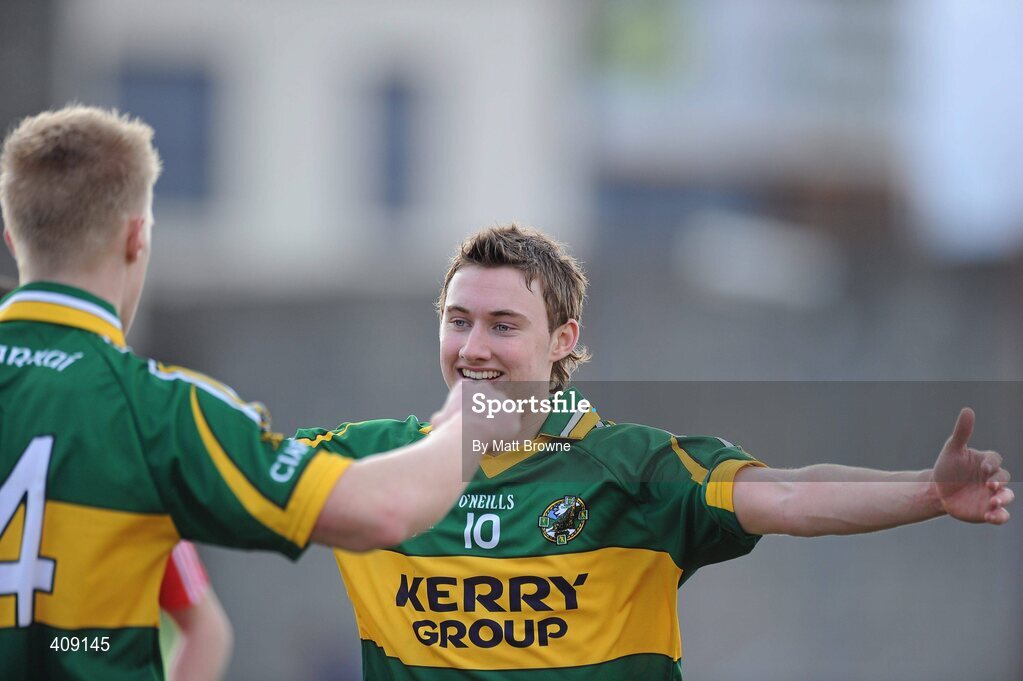 13 March 2010; James O'Donoghue, and Barry John Walsh, left, Kerry, celebrate after the final whistle. Cadbury Munster GAA Football Under 21 Quarter-Final, Kerry v Cork, Austin Stack Park, Tralee, Co. Kerry. Picture credit: Matt Browne / SPORTSFILE