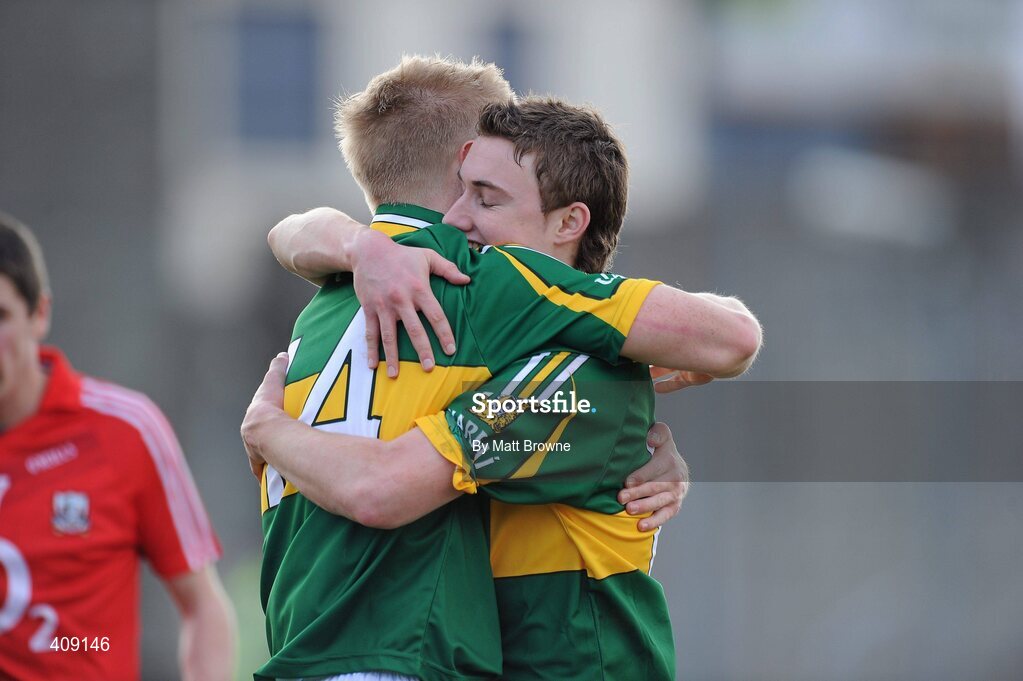 13 March 2010; James O'Donoghue, right, and Barry John Walsh, Kerry, celebrate after the final whistle. Cadbury Munster GAA Football Under 21 Quarter-Final, Kerry v Cork, Austin Stack Park, Tralee, Co. Kerry. Picture credit: Matt Browne / SPORTSFILE