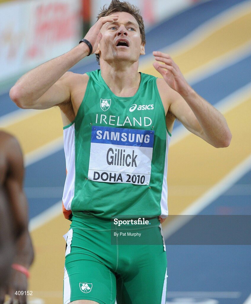 13 March 2010; Ireland's David Gillick shows his disappointment after finishing in 5th position in the Men's 400m final at the 13th IAAF World Indoor Athletics Championships, Doha, Qatar. David Gillick was later disqualified from the race for obstruction. Picture credit: Pat Murphy / SPORTSFILE
