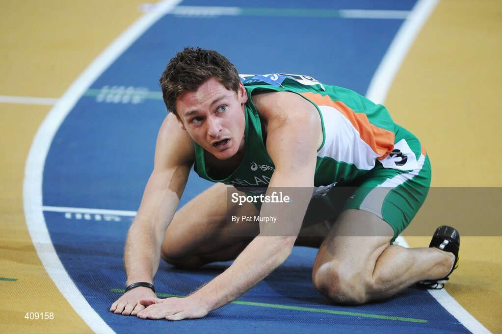 13 March 2010; Ireland's David Gillick shows his disappointment after finishing in 5th position in the Men's 400m final at the 13th IAAF World Indoor Athletics Championships, Doha, Qatar. David Gillick was later disqualified from the race for obstruction. Picture credit: Pat Murphy / SPORTSFILE