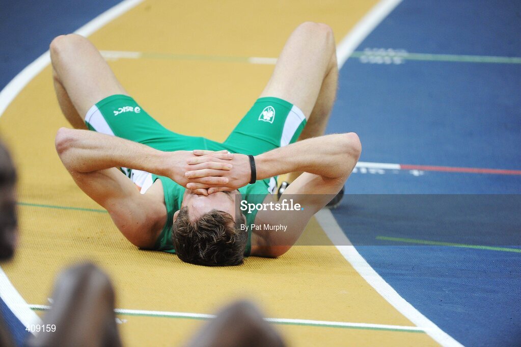 13 March 2010; Ireland's David Gillick shows his disappointment after finishing in 5th position in the Men's 400m final at the 13th IAAF World Indoor Athletics Championships, Doha, Qatar. David Gillick was later disqualified from the race for obstruction. Picture credit: Pat Murphy / SPORTSFILE