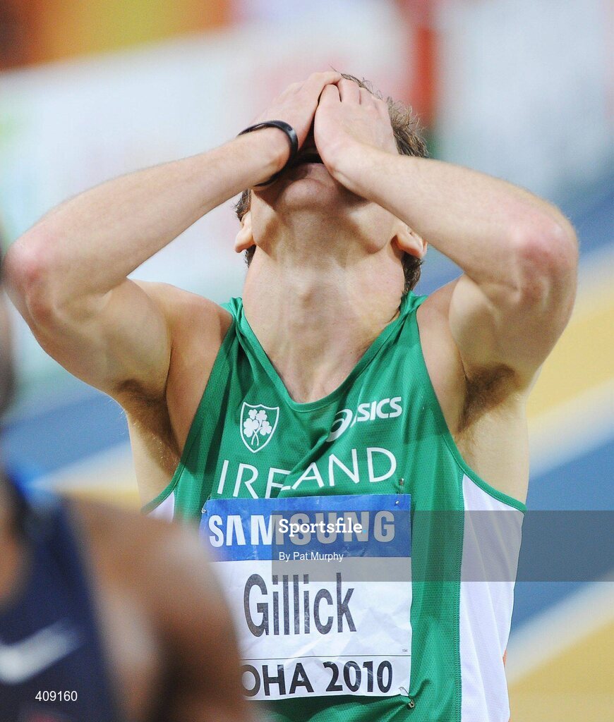 13 March 2010; Ireland's David Gillick shows his disappointment after finishing in 5th position in the Men's 400m final at the 13th IAAF World Indoor Athletics Championships, Doha, Qatar. David Gillick was later disqualified from the race for obstruction. Picture credit: Pat Murphy / SPORTSFILE