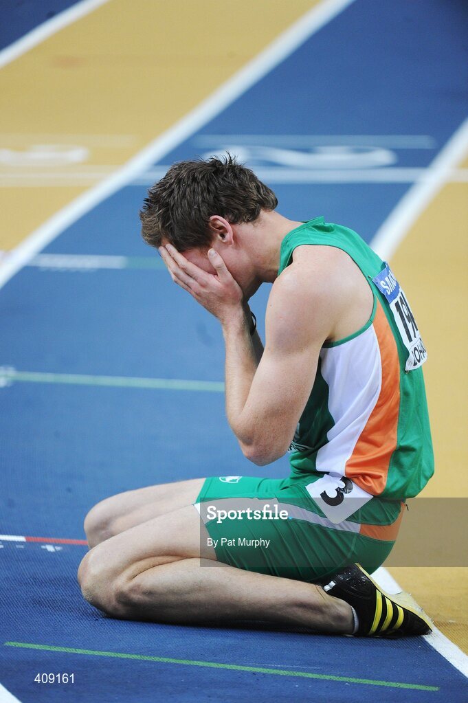 13 March 2010; Ireland's David Gillick shows his disappointment after finishing in 5th position in the Men's 400m final at the 13th IAAF World Indoor Athletics Championships, Doha, Qatar. David Gillick was later disqualified from the race for obstruction. Picture credit: Pat Murphy / SPORTSFILE