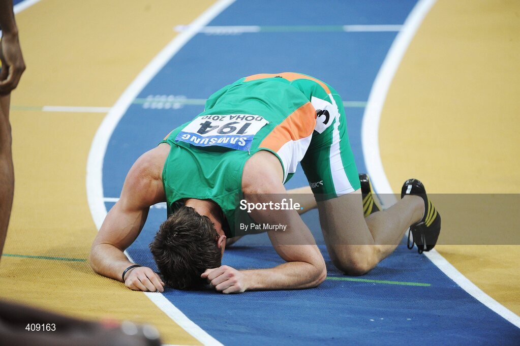 13 March 2010; Ireland's David Gillick shows his disappointment after finishing in 5th position in the Men's 400m final at the 13th IAAF World Indoor Athletics Championships, Doha, Qatar. David Gillick was later disqualified from the race for obstruction. Picture credit: Pat Murphy / SPORTSFILE
