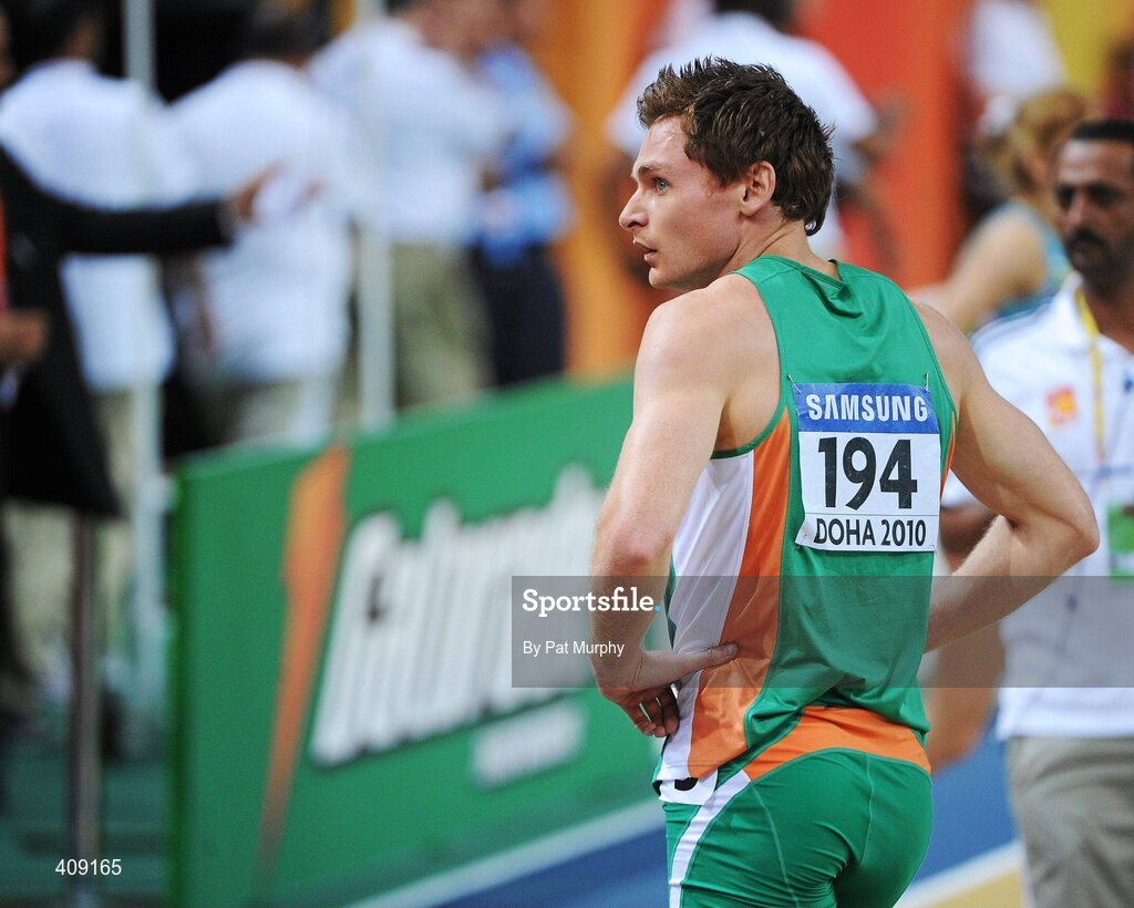13 March 2010; Ireland's David Gillick shows his disappointment after finishing in 5th position in the Men's 400m final at the 13th IAAF World Indoor Athletics Championships, Doha, Qatar. David Gillick was later disqualified from the race for obstruction. Picture credit: Pat Murphy / SPORTSFILE