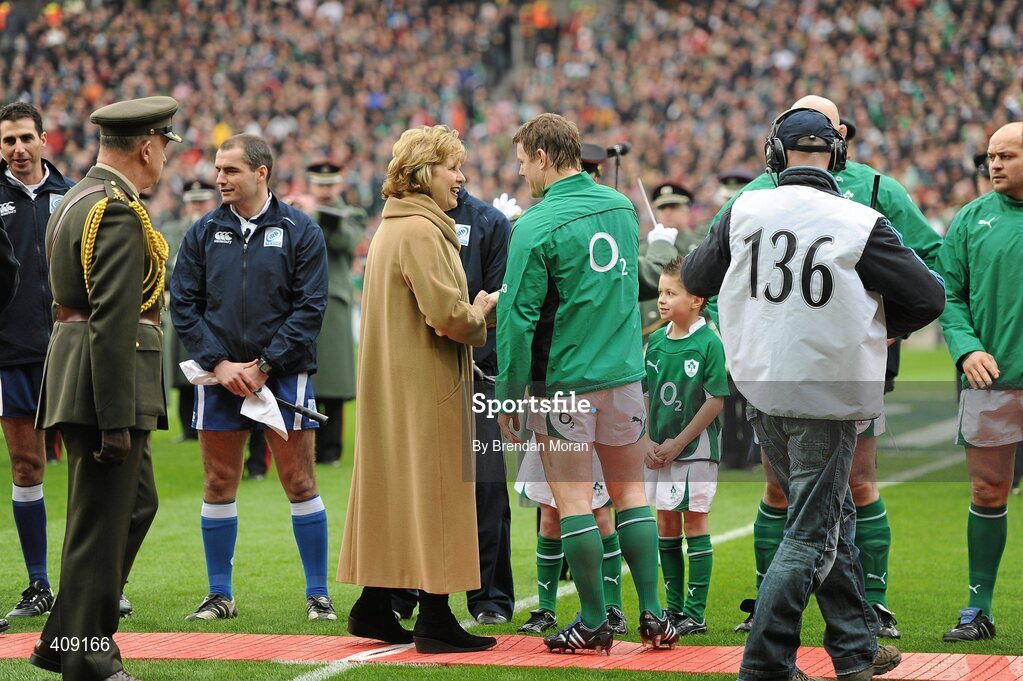 13 March 2010; Ireland captain Brian O'Driscoll, on the occasion of his 100th cap, in conversation with President Mary McAleese before the game. RBS Six Nations Rugby Championship, Ireland v Wales, Croke Park, Dublin. Picture credit: Brendan Moran / SPORTSFILE