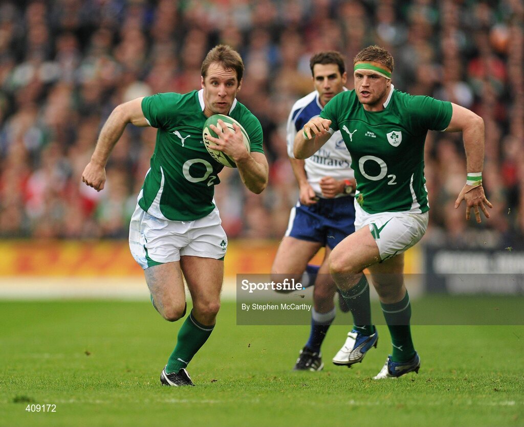 13 March 2010; Tomas O'Leay, supported by team-mate Jamie Heaslip on his way to scoring his side's second try. RBS Six Nations Rugby Championship, Ireland v Wales, Croke Park, Dublin. Picture credit: Stephen McCarthy / SPORTSFILE