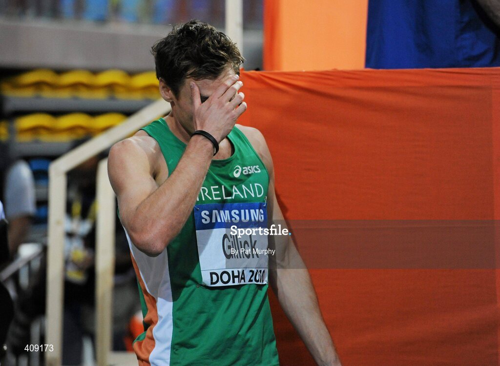 13 March 2010; Ireland's David Gillick shows his disappointment after finishing in 5th position in the Men's 400m final at the 13th IAAF World Indoor Athletics Championships, Doha, Qatar. David Gillick was later disqualified from the race for obstruction. Picture credit: Pat Murphy / SPORTSFILE