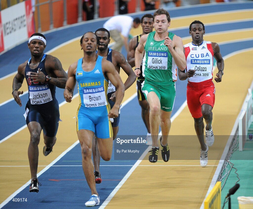 13 March 2010; Ireland's David Gillick, second from right, on his way to finishing in 5th place in the Men's 400m final at the 13th IAAF World Indoor Athletics Championships, Doha, Qatar. David Gillick was later disqualified from the race for obstruction. Picture credit: Pat Murphy / SPORTSFILE