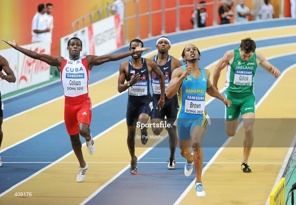 13 March 2010; Ireland's David Gillick, far right, on his way to finishing in 5th place in the Men's 400m final at the 13th IAAF World Indoor Athletics Championships, Doha, Qatar. David Gillick was later disqualified from the race for obstruction. Picture credit: Pat Murphy / SPORTSFILE