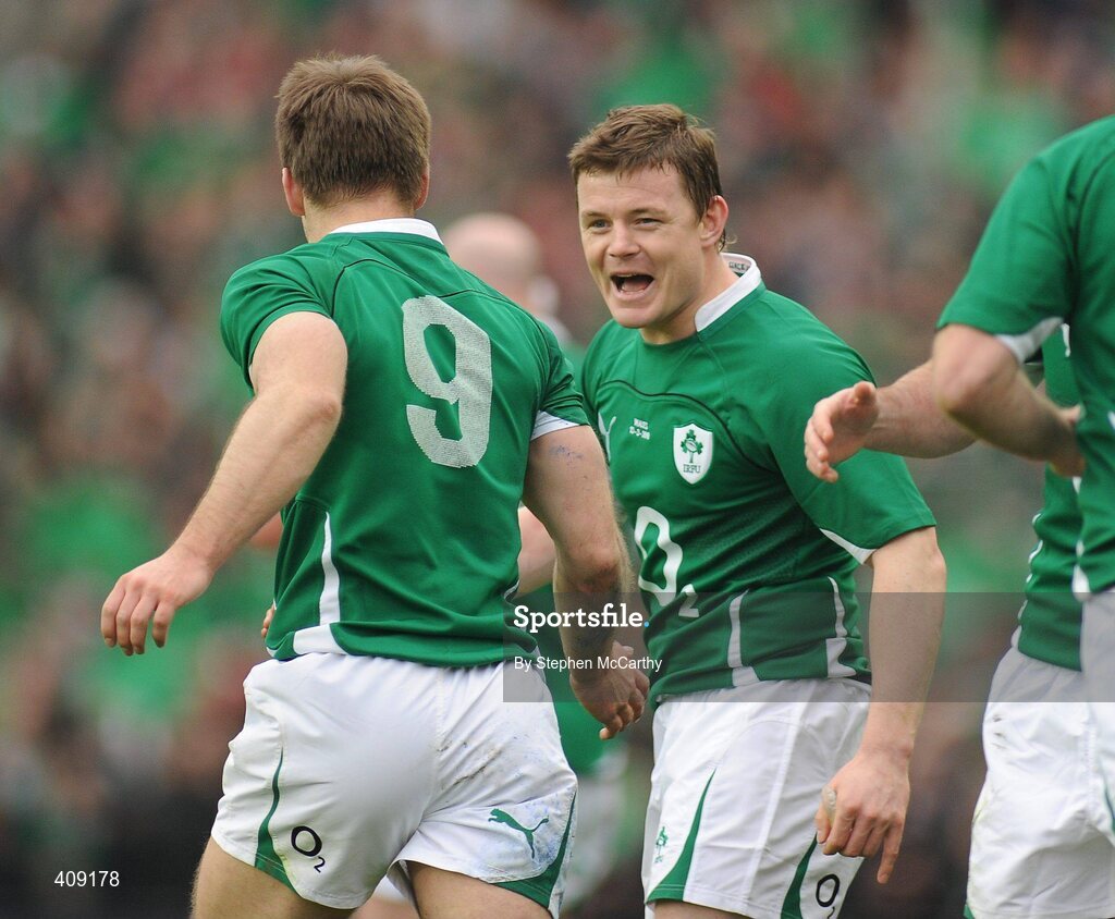 13 March 2010; Ireland captain Brian O'Driscoll, earning his 100th cap, is congratulated team-mate Tomas O'Leay, 9, on scoring his side's second try. RBS Six Nations Rugby Championship, Ireland v Wales, Croke Park, Dublin. Picture credit: Stephen McCarthy / SPORTSFILE