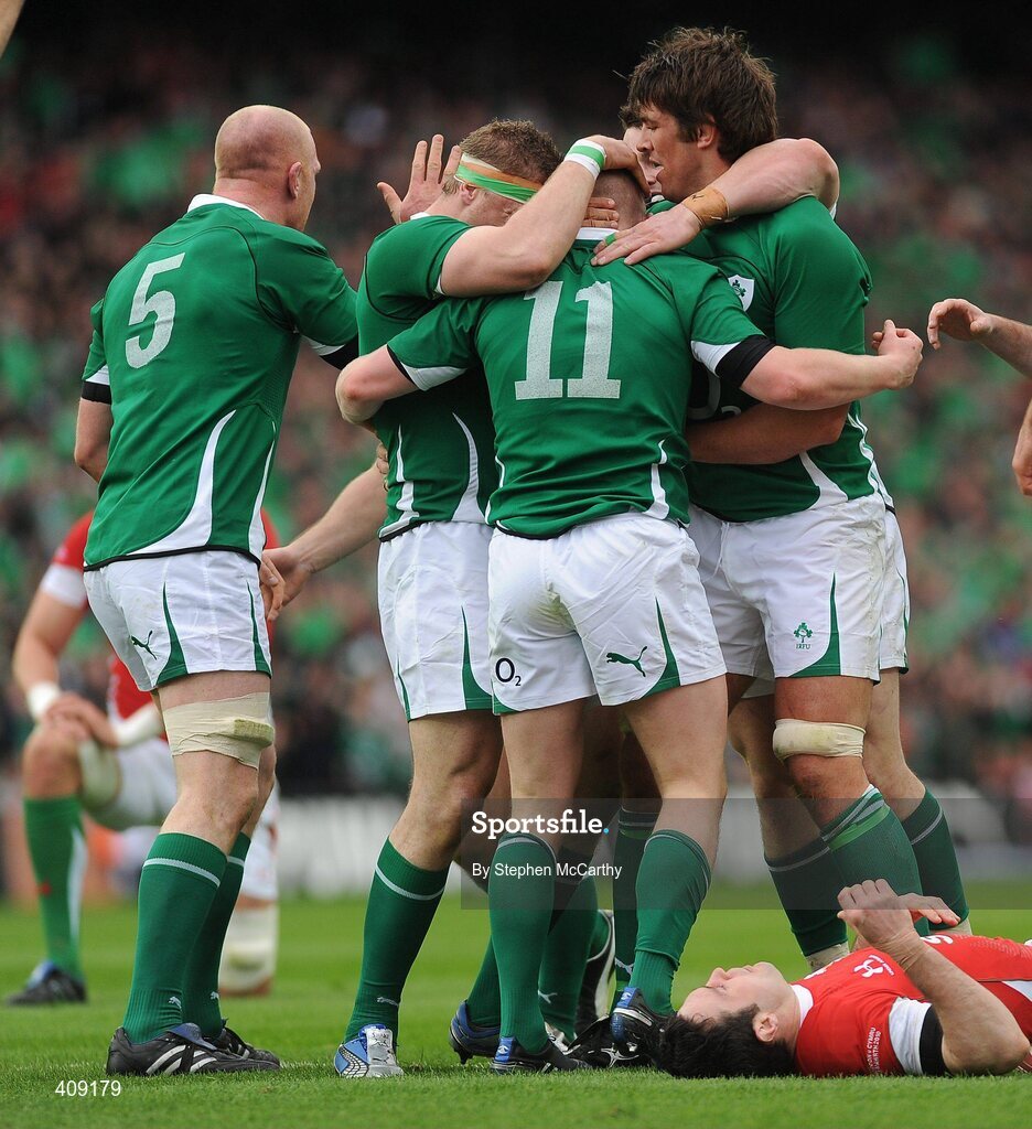 13 March 2010; Keith Earls, 11, is congratulated by team-mates Paul O'Connell, 5, Jamie Heaslip and Donncha O'Callaghan, right, after scoring his side's second try. RBS Six Nations Rugby Championship, Ireland v Wales, Croke Park, Dublin. Picture credit: Stephen McCarthy / SPORTSFILE