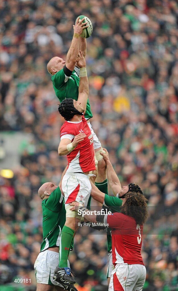 13 March 2010; Paul O'Connell, Ireland, takes the ball in the lineout ahead of Luke Charteris, Wales. RBS Six Nations Rugby Championship, Ireland v Wales, Croke Park, Dublin. Picture credit: Ray McManus / SPORTSFILE