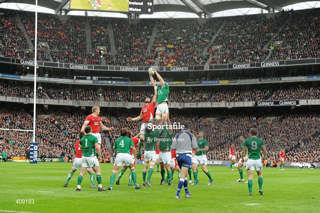 13 March 2010; Paul O'Connell, Ireland, takes the ball in the lineout ahead of Luke Charteris, Wales. RBS Six Nations Rugby Championship, Ireland v Wales, Croke Park, Dublin. Picture credit: Brendan Moran / SPORTSFILE