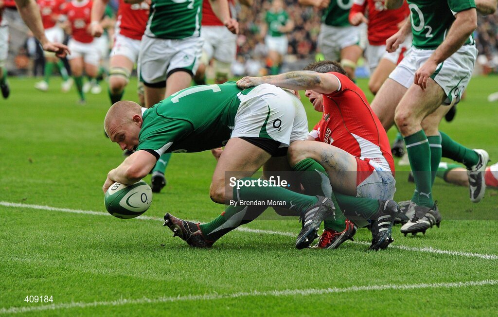 13 March 2010; Keith Earls, Ireland, goes over to score his 2nd and his side's 3rd try of the match. RBS Six Nations Rugby Championship, Ireland v Wales, Croke Park, Dublin. Picture credit: Brendan Moran / SPORTSFILE