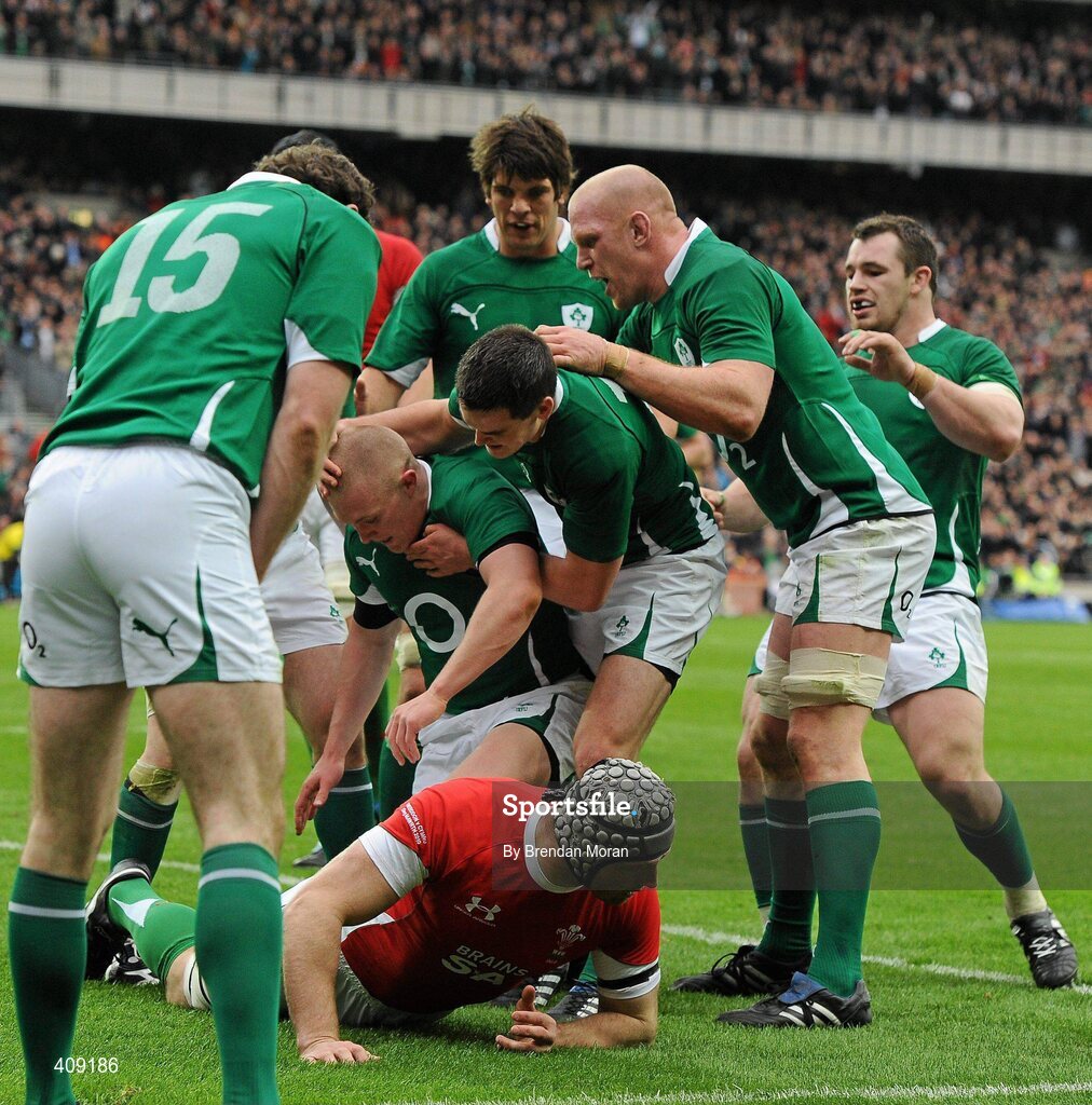 13 March 2010; Ireland players run in to congratulate team-mate Keith Earls after scoring his second and his side's third try of the game. RBS Six Nations Rugby Championship, Ireland v Wales, Croke Park, Dublin. Picture credit: Brendan Moran / SPORTSFILE