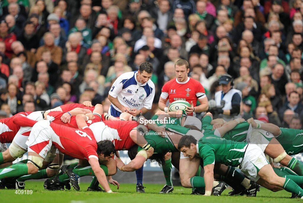 13 March 2010; Referee Craig Joubert watches the two packs engage for the scrum. RBS Six Nations Rugby Championship, Ireland v Wales, Croke Park, Dublin. Picture credit: Brendan Moran / SPORTSFILE
