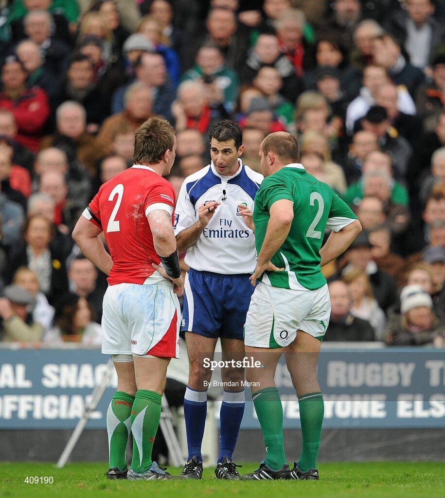 13 March 2010; Referee Craig Joubert speaks to Matthew Rees, Wales, left, and Rory Best, Ireland. RBS Six Nations Rugby Championship, Ireland v Wales, Croke Park, Dublin. Picture credit: Brendan Moran / SPORTSFILE