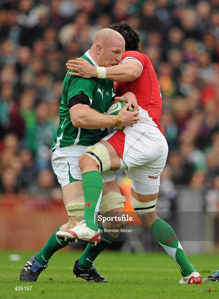 13 March 2010; Paul O'Connell, Ireland, is held up by tackled by Jonathan Thomas, Wales. RBS Six Nations Rugby Championship, Ireland v Wales, Croke Park, Dublin. Picture credit: Brendan Moran / SPORTSFILE