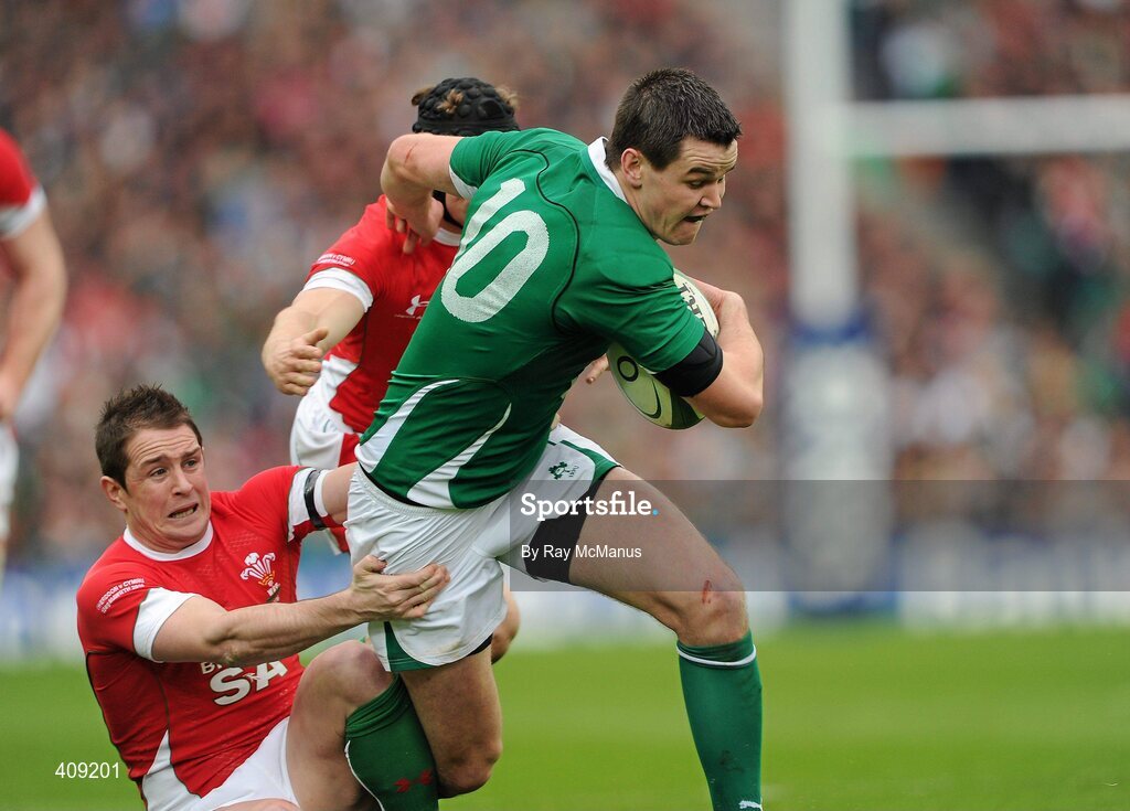 13 March 2010; Jonathan Sexton, Ireland, wins possession from Leigh Halfpenny and Shane Williams, Wales which resulted in a penalty which lead to a try. RBS Six Nations Rugby Championship, Ireland v Wales, Croke Park, Dublin. Picture credit: Ray McManus / SPORTSFILE