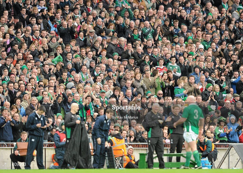 13 March 2010; Supporters in the Hogan Stand give John Hayes a standing ovation as he leaves the pitch after playing his 101st International match for Ireland. RBS Six Nations Rugby Championship, Ireland v Wales, Croke Park, Dublin. Picture credit: Ray McManus / SPORTSFILE