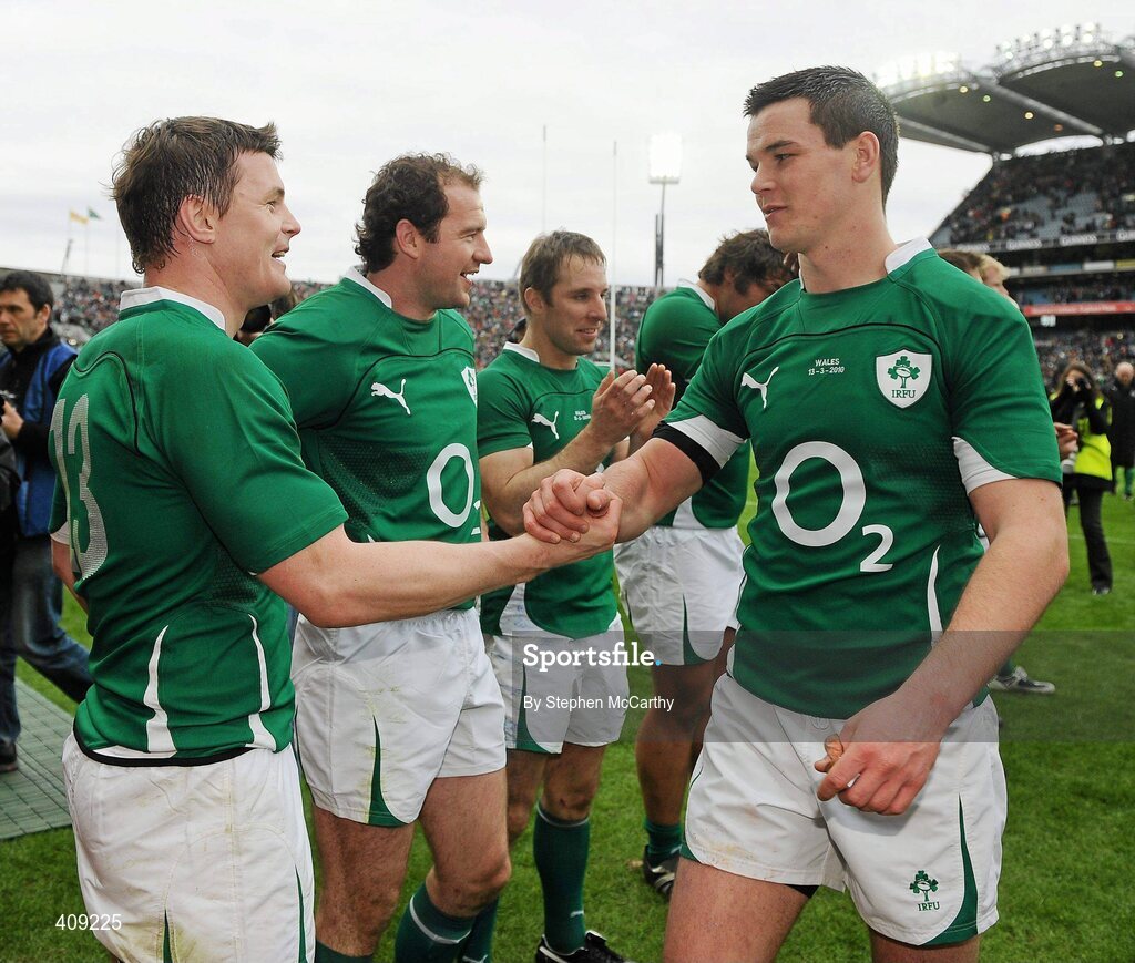 13 March 2010; Ireland captain Brian O'Driscoll, who picked up his 100th cap, is congratulated by team-mate Jonathan Sexton following the game. RBS Six Nations Rugby Championship, Ireland v Wales, Croke Park, Dublin. Picture credit: Stephen McCarthy / SPORTSFILE