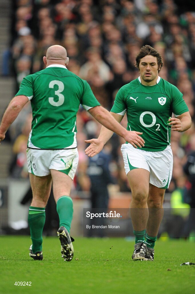13 March 2010; Ireland's Tony Buckley, right, goes on to replace team-mate John Hayes. RBS Six Nations Rugby Championship, Ireland v Wales, Croke Park, Dublin. Picture credit: Brendan Moran / SPORTSFILE