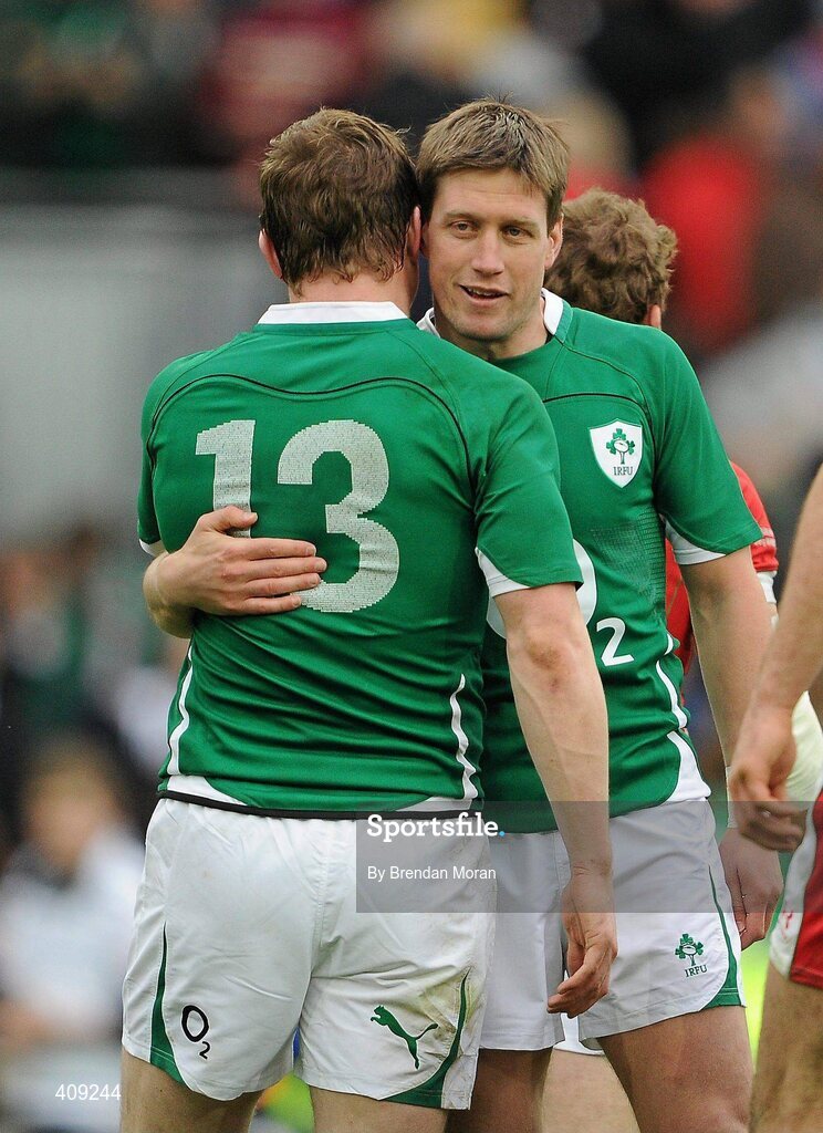 13 March 2010; Ireland captain Brian O'Driscoll is congratulated by team-mate Ronan O'Gara after the final whistle RBS Six Nations Rugby Championship, Ireland v Wales, Croke Park, Dublin. Picture credit: Brendan Moran / SPORTSFILE