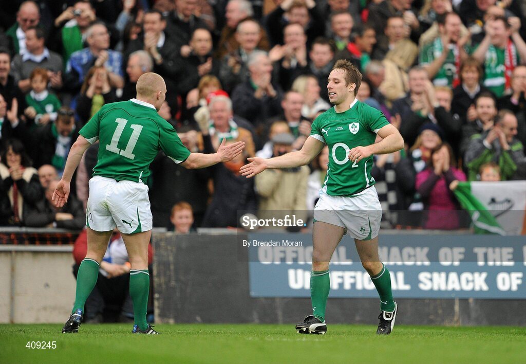 13 March 2010; Ireland scrum-half Tomas O'Leary is congratulated by team-mate Keith Earls after scoring his side's second try. RBS Six Nations Rugby Championship, Ireland v Wales, Croke Park, Dublin. Picture credit: Brendan Moran / SPORTSFILE
