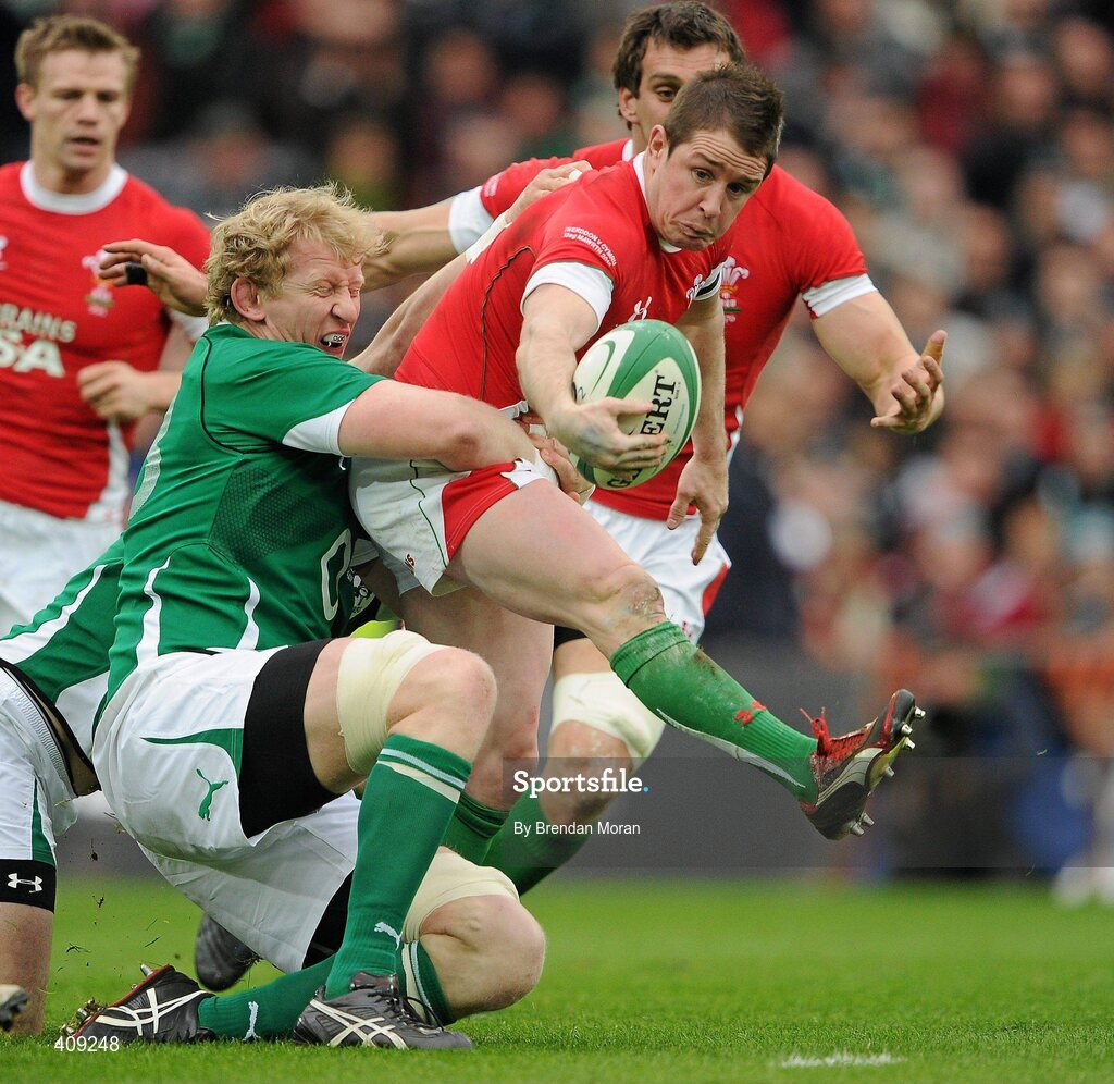 13 March 2010; Shane Williams, Wales, is tackled by Leo Cullen, Ireland. RBS Six Nations Rugby Championship, Ireland v Wales, Croke Park, Dublin. Picture credit: Brendan Moran / SPORTSFILE